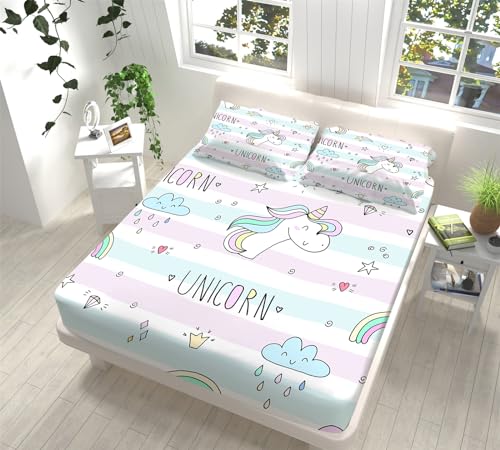 VENESS Kinder Jungen Mädchen Bettlaken Set Spannbettlaken 140x200cm Gestreiftes Cartoon-MäDchen 3D Weiches Spannbetttüche Atmungsaktiv Bettwäsche Tiefe Tasche 30 cm mit 2 Kissenbezügen 80x80 cm von VENESS