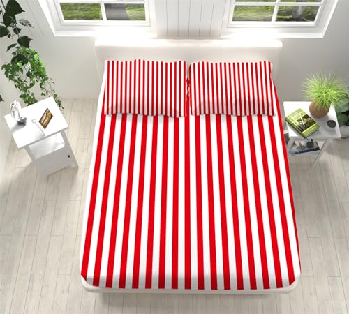 VENESS Kinder Jungen Mädchen Bettlaken Set Spannbettlaken 180x200cm Rot-WeißEs Streifendesign 3D Weiches Spannbetttüche Atmungsaktiv Bettwäsche Tiefe Tasche 30 cm mit 2 Kissenbezügen 80x80 cm von VENESS