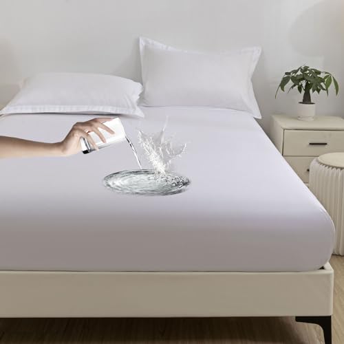 VENIES wasserdichte Matratzenauflage 100 x 200 cm Inkontinenzauflage Rundumgummi Atmungsaktiv Rundumbezug Bezug Bettlaken für boxspringbett Topper Matratze bis 30cm Weiß von VENIES