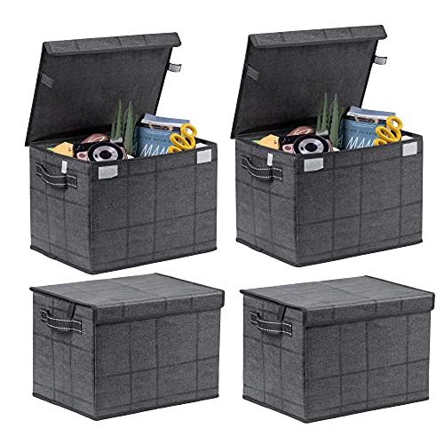 VENO 4 Stück Faltbare Aufbewahrungsbox mit Deckel Groß, Ordnungsboxen stoff mit Griffen, boxen aufbewahrung umzugskartons für Heimbüro, Spielzeug, Kleidung (Schwarzes Fenstertuch - 4 pack) von VENO
