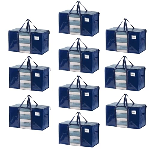 VENO Extra Große Umzugstasche, Aufbewahrungstaschen mit Reißverschluss,Aufbewahrungsbox mit Deckel,für Umzug,Bettdecken, Kleideraufbewahrung, Alternative zu Umzugskartons.(Blau, 10er-Pack) von VENO