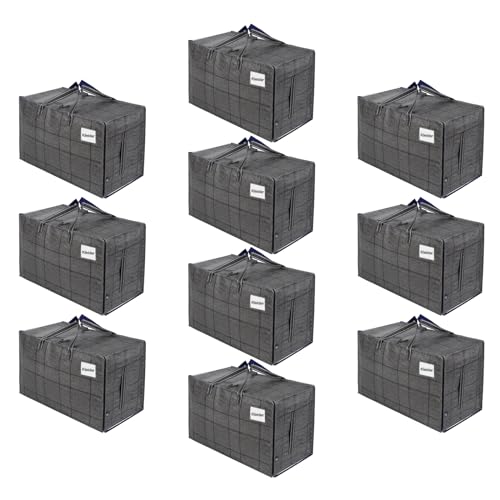 VENO 10er-Pack strapazierfähige große Aufbewahrungstasche mit Deckel, starke Griffe und Reißverschlüssen für Umzug, Kleideraufbewahrung, Hausbedarf, wasserabweisend (Schwarzes Fenstertuch, 10er-Pack) von VENO