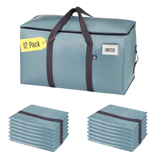 VENO 12 Stück extragroße Umzugstaschen,Aufbewahrungstasche mit Reißverschlüssen und Tragegriffen, robuste Big Bag für Umzugskartons zum Platzsparen(Hellblau, 12er-Pack) von VENO