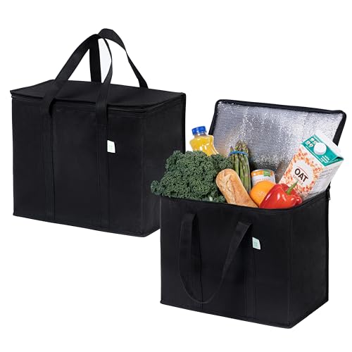 VENO 2 Stück Einkaufstasche Wiederverwendbare Faltbar Kühltasche Einkaufskorb, Groß Picknickkorb Robuste Isoliertasche Lunchtasche, Aufrecht Stehend Thermotasche (Schwarz, 2er-Pack) von VENO