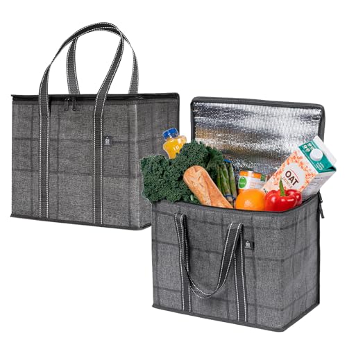 VENO 29 Liter Einkaufstasche Wiederverwendbare Faltbar Kühltasche, Harter Boden Einkaufskorb, Groß Picknickkorb Robuste Lunchtasche, Aufrecht Stehend Thermotasche (schwarzes Fenstertuch, 2er-Pack) von VENO