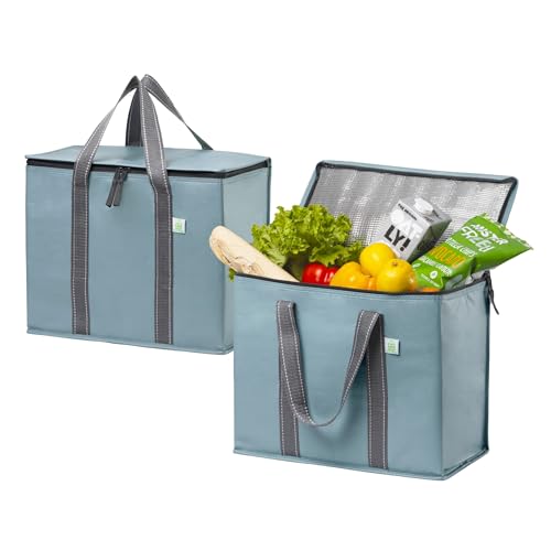 VENO 29 Liter Einkaufstasche Wiederverwendbare Faltbar Kühltasche, Harter Boden Einkaufskorb, Groß Picknickkorb Robuste Lunchtasche Isoliertasche, Aufrecht Stehend Thermotasche (Hellblau, 2er-Pack) von VENO