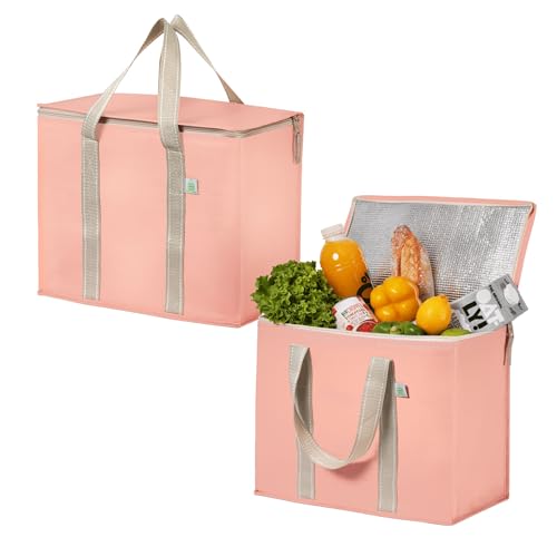 VENO 29 Liter Einkaufstasche Wiederverwendbare Faltbar Kühltasche, Harter Boden Einkaufskorb, Groß Picknickkorb Robuste Lunchtasche Isoliertasche, Aufrecht Stehend Thermotasche (Rosa, 2er-Pack) von VENO