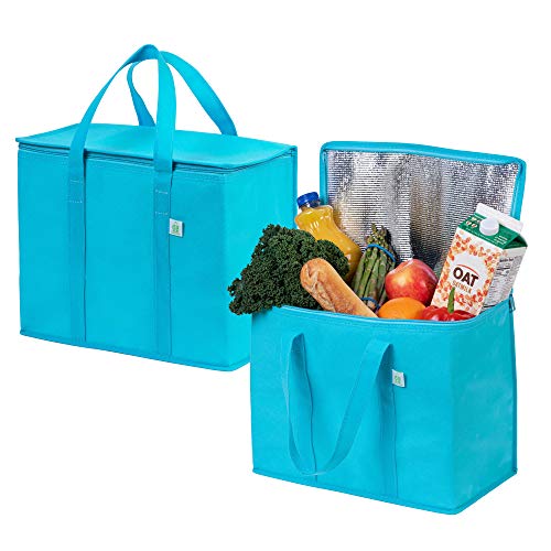 VENO 29 Liter Einkaufstasche Wiederverwendbare Faltbar Kühltasche Einkaufskorb, Groß Picknickkorb Robuste Isoliertasche Lunchtasche, Aufrecht Stehend Thermotasche (Cyan, 2er-Pack) von VENO