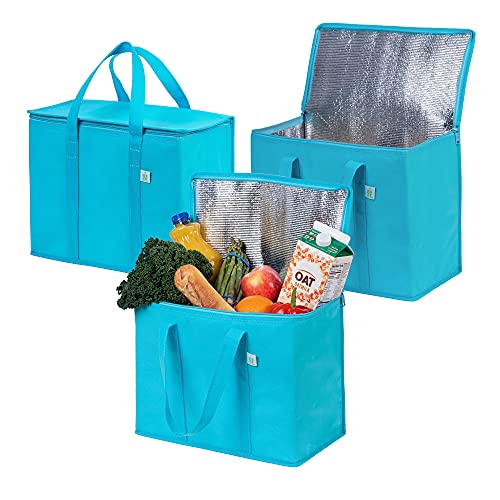 VENO 29 Liter Einkaufstasche Wiederverwendbare Faltbar Kühltasche Einkaufskorb, Groß Picknickkorb Robuste Isoliertasche Lunchtasche, Aufrecht Stehend Thermotasche (Cyan, 3er Pack) von VENO