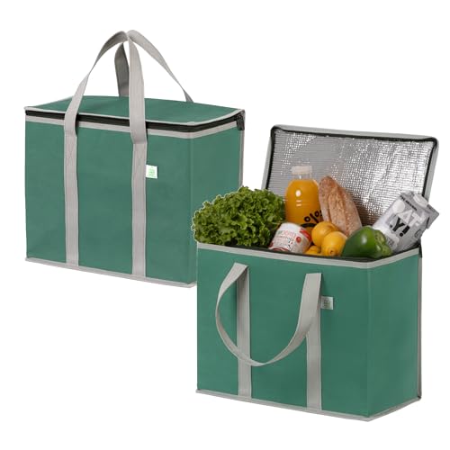 VENO 29 Liter Einkaufstasche Wiederverwendbare Faltbar Kühltasche Einkaufskorb, Groß Picknickkorb Robuste Isoliertasche Lunchtasche, Aufrecht Stehend Thermotasche (Grün, 2er-Pack) von VENO