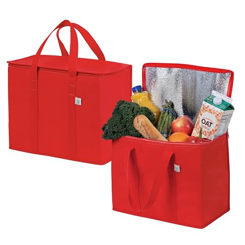 VENO 29 Liter Einkaufstasche Wiederverwendbare Faltbar Kühltasche Einkaufskorb, Groß Picknickkorb Robuste Isoliertasche Lunchtasche, Aufrecht Stehend Thermotasche (Rot, 2er-Pack) von VENO