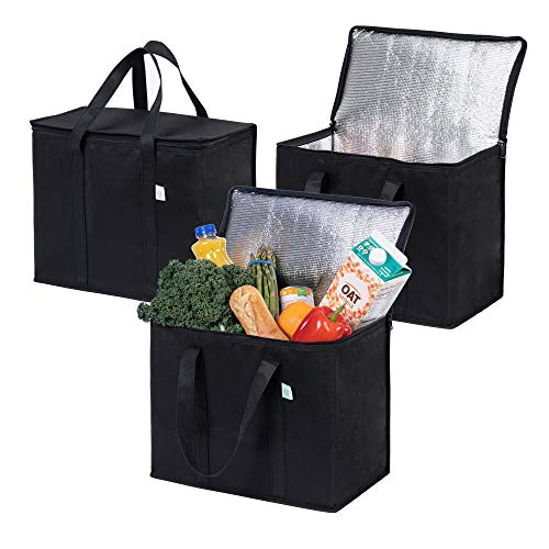 VENO 29 Liter Einkaufstasche Wiederverwendbare Faltbar Kühltasche Einkaufskorb, Groß Picknickkorb Robuste Isoliertasche Lunchtasche, Aufrecht Stehend Thermotasche (Schwarz, 3er-Pack) von VENO