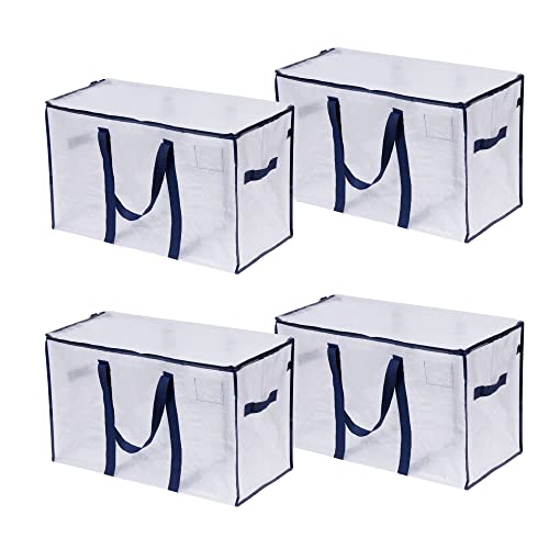 VENO 102 Liter Große Aufbewahrungstasche, Aufbewahrungsbox mit Deckel, Starke Griffe Umzugstaschen mit Reißverschlüssen, Alternative Umzugskartons, Faltbare Kleideraufbewahrung (Transparent, 4er Pack) von VENO