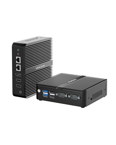 Fanless 12th Mini PC N100, Windows 11 pro, 16GB D4 RAM 512GB SSD, Dual HD-MI, DP, 3-Display, 2 RJ45 Lan, RS232 DB9 COM, Dual Band Wifi, BT4.2, Portable Kleiner Computer, Auto Power On, Office Use von VENOEN