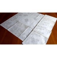 6 Seltene Unbenutzte Artdeco Sammler Leinen Damast Servietten Mit Rosen Streifen Initialen Kd 55x23" von VENTALIA