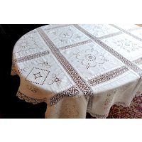 N20 Entzückende Handgemachte Antike Weiße Leinen Tischdecke Cutwork/stickerei Quadrate Mit Klöppelspitze 64x64" von VENTALIA