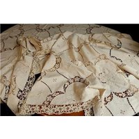 N214 Antike Handgefertigte Cremefarbene Baumwolle Tischdecke Stickerei & Häkelspitze 312x106"Gigantic von VENTALIA