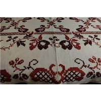 Seltene Antike Natur Leinen Tischdecke Mit Handgemachter Brauner Kreuzstich Stickerei 150x120 cm von VENTALIA