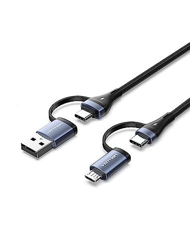 VENTION USB C Kabel 1,5m, PD 100W USB C Multi-Ladekabel mit USB A/USB C auf USB C/Micro-USB, 4 in 1 Nylon Geflochtenes USB A/USB C/Micro-USB-Ladekabel für iPad, Galaxy, Android Handys von VENTION