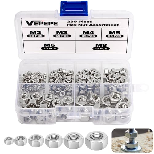 VEPEPE 230 Stück Sechskant Muttern Sortiment Set, Edelstahl Sechskantmuttern Mutter, M2 M3 M4 M5 M6 M8 Hardware Mütter Sechskant Set mit Kunststoffbox für Möbel, Fahrzeugreparatur, Maschinenindustrie von VEPEPE