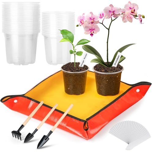 VEPEPE 35 Stück Durchsichtige Pflanztöpfe, 9cm 10cm Anzuchttöpfe Transparent, Orchideentopf Blumentöpfe mit 1x Gartenmatte, 20x Pflanzenetiketten & 3X Mini Schaufeln für Pflanzen von VEPEPE