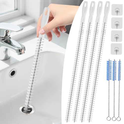 VEPEPE 4 Stück Abflussbürste, Reinigungsbürste Abfluss 45CM für Waschbecken, Badezimmer, Küche, Dusche, Flexible Rohrreiniger Reinigungsbürste Haare Entferner mit 4 Haken und 3 Kleine Bürste von VEPEPE