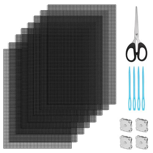 VEPEPE 8 Stück Schwarz Lochplatte Kunststoffgitter, Kunststoff Mesh Leinwand Blätter 20 x 30 cm mit Schere, Bastel-Kunststoff-Canvas, Magnetknöpfen für Stickerei, Stricken und Häkelprojekte von VEPEPE