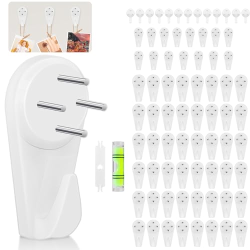 VEPEPE 80 Stück Spurlose Bilderhaken Ohne Bohren, Unsichtbare Bilderhaken Zum Nageln Weiß mit Haken Handläufe und Frame Leveler, 3 Designs Spurenlose Haken Wand zum Aufhängen von Bildern, Rahmen von VEPEPE