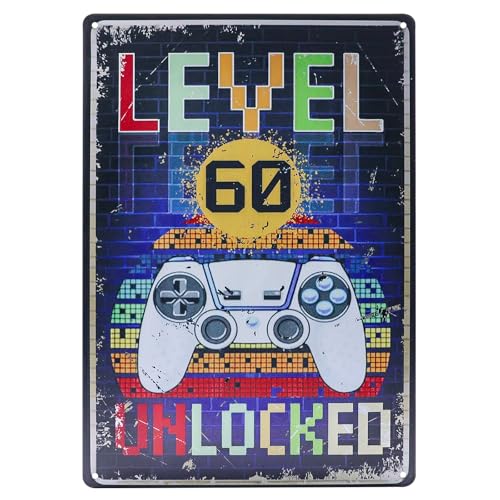 Retro Blechschild 60 .Geburtstag Mann Frau. SCHILD Level 60 UNLOCKED. Gamer Geburtstagskarte 60 Vintage Metallschild.Geschenke für den 60 Geburtstag Mann Lustiges Geburtstagsschild 60 von VEQENIFY