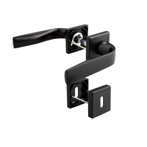 VERAMET® Türgriff schwarz DENSO - für Zimmertüren Drückergarnitur mit Vierkantrosette, für Innentüren mit Schlüsselloch, Türstärke 35-55 mm, komplett mit Montageschablone (BB - Buntbart) von VERAMET