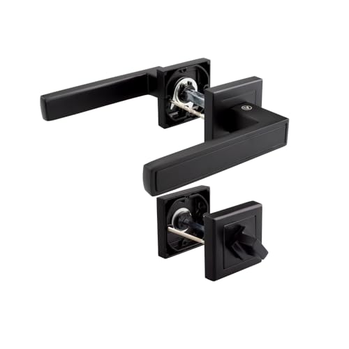 VERAMET Türklinke set für WC | Drückergarnitur mit Rosette | Farbe: schwarz | Türdrückergarnitur für Badezimmertüren | Türgriff mit Beschlag | Geeignet für Türen 35-65 mm von VERAMET