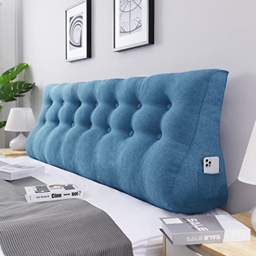 VERCART Rückenkissen Lang Keilkissen Hohen Rückenlehne Kissen Großes Wandkissen Lesekissen Nackenstützkissen Lendenkissen für Bett Kopfteil Gepolstert Sofa Couch mit Waschbar Bezug Leinen Blau 200cm von VERCART