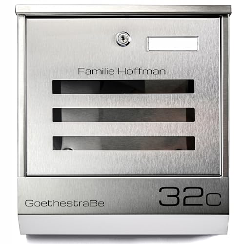 Verda Briefkasten mit Zeitungsfach mit Namensschild Edelstahl Postkasten, Designer Wandbriefkasten, 2X Schlüssel Wetterfest, 3 Sichtfenster, Silber SN3670 von Verda