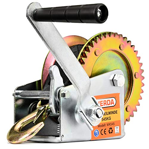 Verda Winde Seilwinde 545 kg, 7m Gurtwinde Handseilwinde Bootswinde Textilband Handkurbel mit Softgriff Sperrhebel(Gurtwinde 1200lbs) von Verda