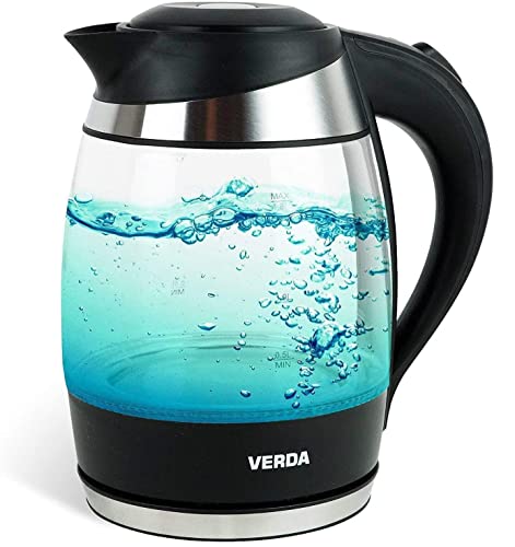 Wasserkocher 1,8L 2200W Edelstahl, LED-Beleuchtung, OneTouch-Verschluss, Kalkfilter, Kabelaufwicklung, Glas, 100% BPA FREI SN0618L von VERDA