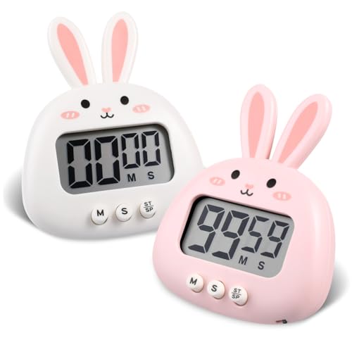 VERDANVERSE 2 Stück Digitale Hasen Timer mit Verstecktem Ständer und Magnet Kleine Visuelle Küchenuhr mit Lautem Alarm für Büro Lernen und Kochen Bunte Cartoon Optik Rückseitiger Klebesticker von VERDANVERSE