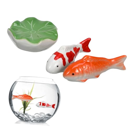VERDANVERSE 3 Stück Keramik Fisch Deko Schwimmende Aquarium Figuren mit Lotusblatt Naturnahe Gartenteich Dekoration Wetterfeste Schwimmskulpturen für Aquarium Teich Wohnzimmer Tisch von VERDANVERSE