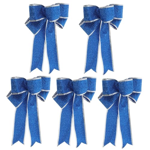 VERDANVERSE 5 Stück Glitzernde Weihnachtschleifen Große Stoff Schleifen mit Drahtkante für Weihnachtsbaumschmuck Geschenkknoten und Festliche Dekoration in Blau Vielseitig für Baum Türen und von VERDANVERSE