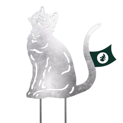 VERDOBA Katze Gartendeko - Silberne Gartenstecker Katze - Katzen Blumenstecker in Silber - Blumentopf Katze aus stabilem Eisen mit Antikfinish - Deko Katze Garten - Deko für Garten, Balkon & Terrasse von VERDOBA