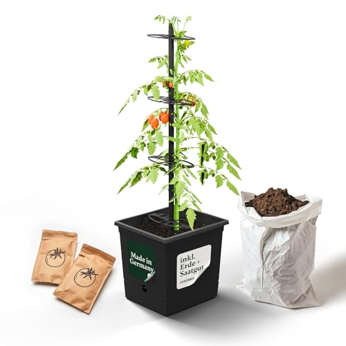 VERDOBA Tomatentopf Anzuchtset - Tomaten Topf inkl. 20L torffreier Kokoserde & Bio Buschtomaten Samen - Tomaten Kübel mit 3,5L Wasserspeicher aus recycelten Material - in Deutschland produziert von VERDOBA