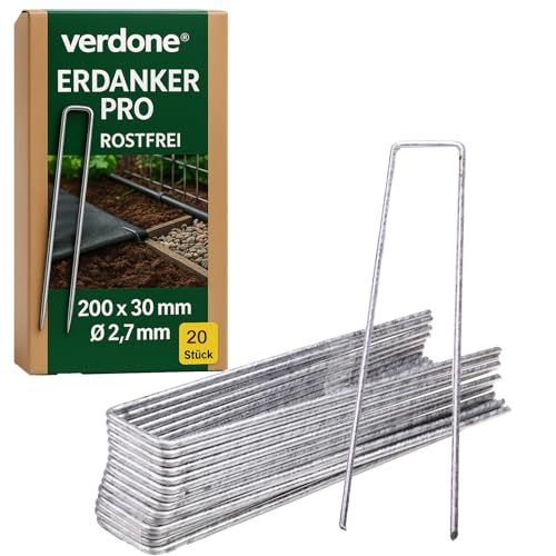 Erdanker aus Stahl 200 x 30 x Ø 2,7 mm - Verzinkt & Rostfrei – Bodenanker U-Form für Unkrautvlies, Gartenvlies, Gartennetze, Kunstrasen, Camping, Zelt – Stabiler Stahl, Wetterfest (20 Stück) von VERDONE