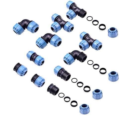 Verdone PE-Rohr Verbinder Set L für 32mm Rohre - 3x T-Stück, 3x Winkel 90°, 2x Gerade Verbinder, 3x Stopfen - Schraubverbinder für Bewässerungssysteme, Gartenanlagen - PN10 von VERDONE