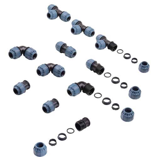 Verdone PE-Rohr Verbinder Set L für 20mm Rohre - 3x T-Stück, 3x Winkel 90°, 2x Gerade Verbinder, 3x Stopfen - Schraubverbinder für Bewässerungssysteme, Gartenanlagen - PN10 von VERDONE