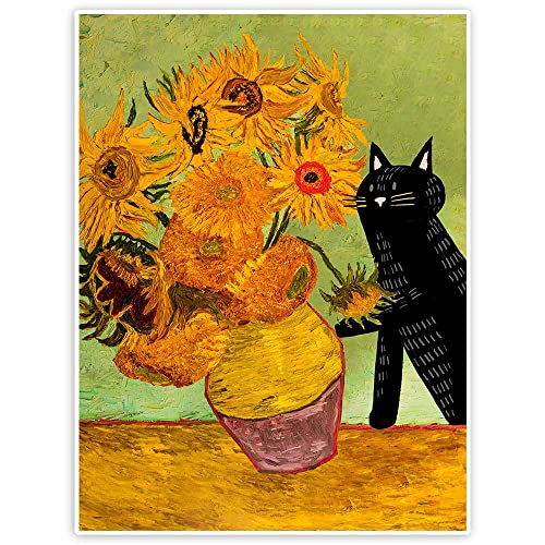 Vintage Van Gogh Sonnenblume Katze Druck Leinwand Wandkunst, schwarze Katze Dekor, ästhetische Poster für Schlafzimmer, Wohnzimmer, Flur, Wanddekoration, ungerahmt (Sonnenblumenkatze, ungerahmt) von VERENIX