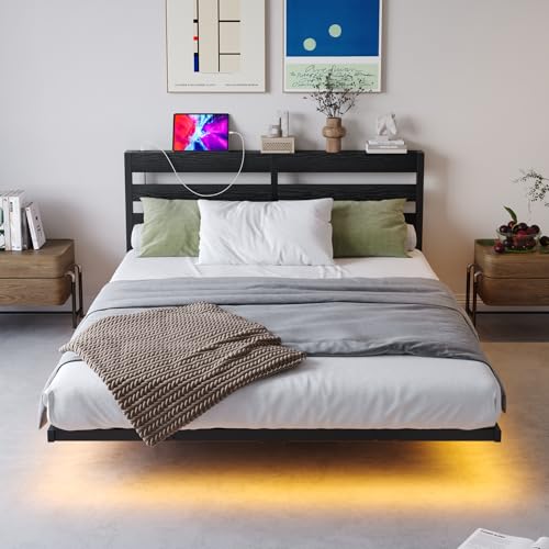 VERFARM 1.5 m King Floating Bed Frame with LED Lights & USB Charging Station, Metal Platform Bed Frame King Size with Wood Storage Headboard, No Boxspring Needed, Metal Slat Support, Noise Free VERFARM 1.5 m King Floating Bed Frame with LED Lights & USB Charging Station, Metal Platform Bed Frame King Size with Wood Storage Headboard, No Boxspring Needed, Metal Slat Support, Noise Free von VERFARM