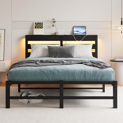 VERFARM Bett 120x200 cm mit LED, Metallbett mit USB-Ladestation & Holzkopfteil mit Stauraum, Gästebett Jugendbett Doppelbett Bettrahmen mit Stauraum unter dem Bett, Schwarz von VERFARM