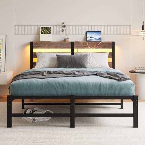 VERFARM Bett 120x200 cm mit LED, Metallbett mit USB-Ladestation & Holzkopfteil mit Stauraum, Gästebett Jugendbett Doppelbett Bettrahmen mit Stauraum unter dem Bett, Vintage Braun von VERFARM