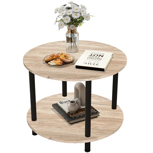 VERFARM Couchtisch Rund, 2 Ablagen, Wohnzimmertisch, Beistelltisch, Kaffeetisch, Sofatisch, für Wohnzimmer, Schlafzimmer, stabiles Metallgestell/MDF Platte, 60 x 60 x 48.5 cm, Eiche-schwarz von VERFARM