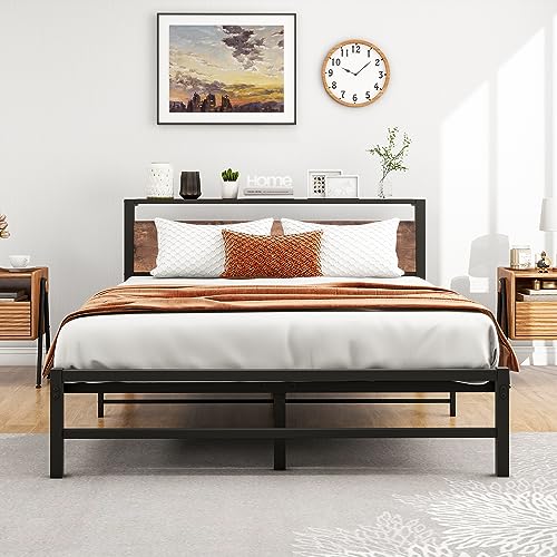 VERFARM Metallbett Bettrahmen mit Holz Lagerung Kopfteil, Bettgestelle mit Lattenrost für Schlafzimmer Gästezimmer, Einfache Montage, Rauschfrei, 140 x 200 cm von VERFARM