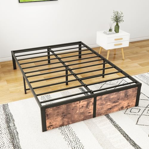 VERFARM Metallbett Bettrahmen mit Vintage Holz Fußbett, Bettgestelle mit Lattenrost für Schlafzimmer Gästezimmer, Einfache Montage, Rauschfrei, Keine Boxfeder Erforderlich, 120 x 200 cm von VERFARM